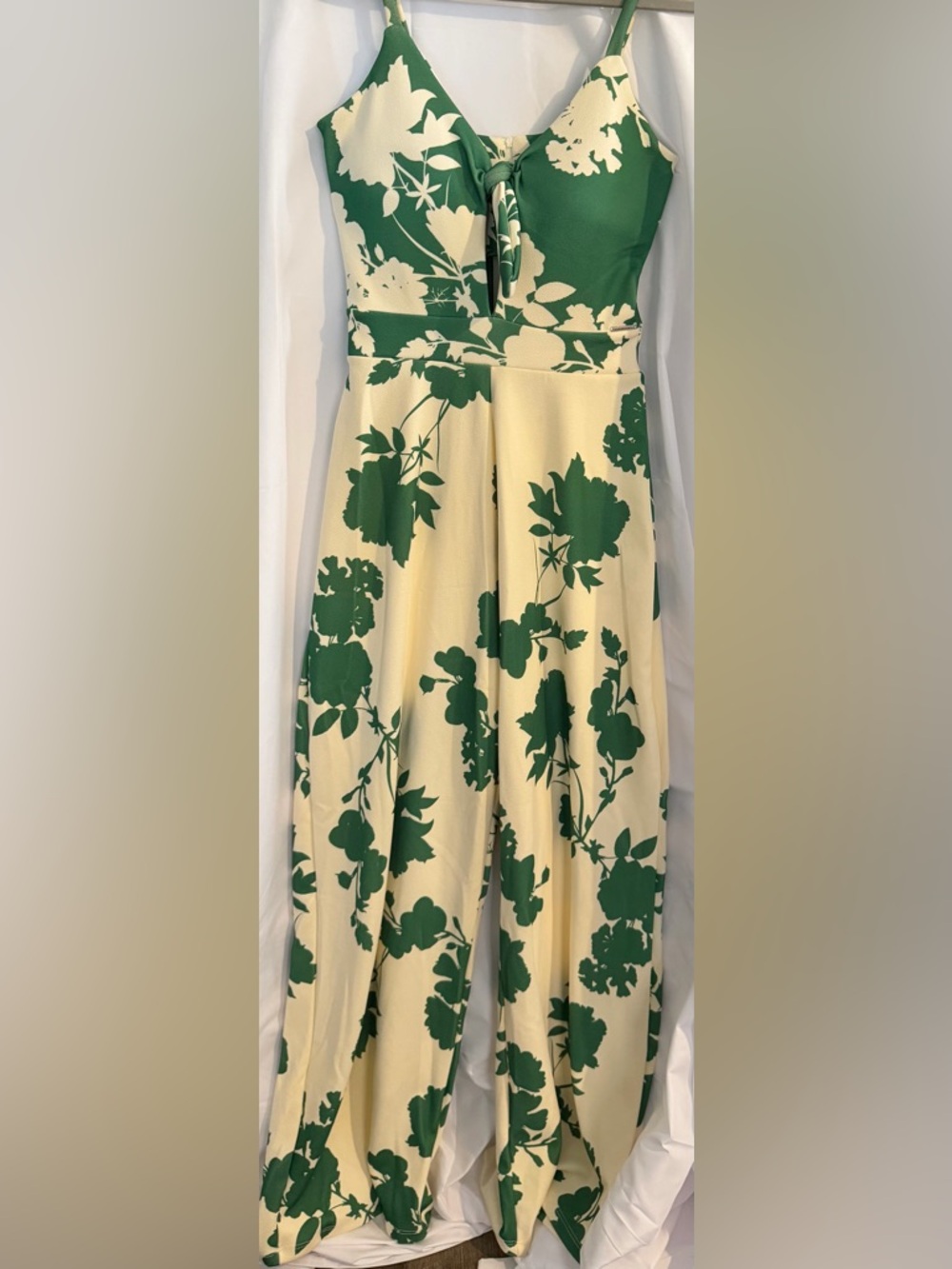 Green & Cream Floral Tie-Front Jumpsuit Made in Brazil NWOT